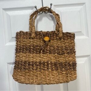 Brown and Tan Straw Woven Tote Bag